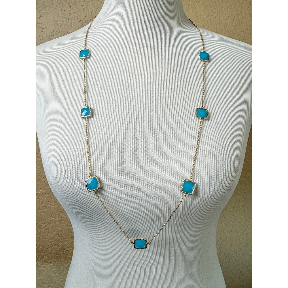 Turquoise Blue Square Station Long Gold Tone Chain Necklace 36 Inch Boho Chic